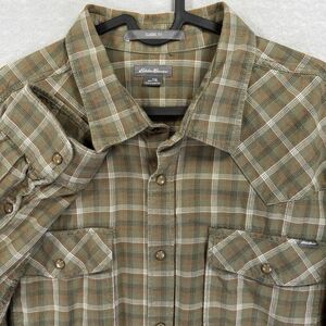 Eddie Bauer Tigers Eye Style Pearl Snap Flannel Shirt Men's Plaid XL Tall Olive